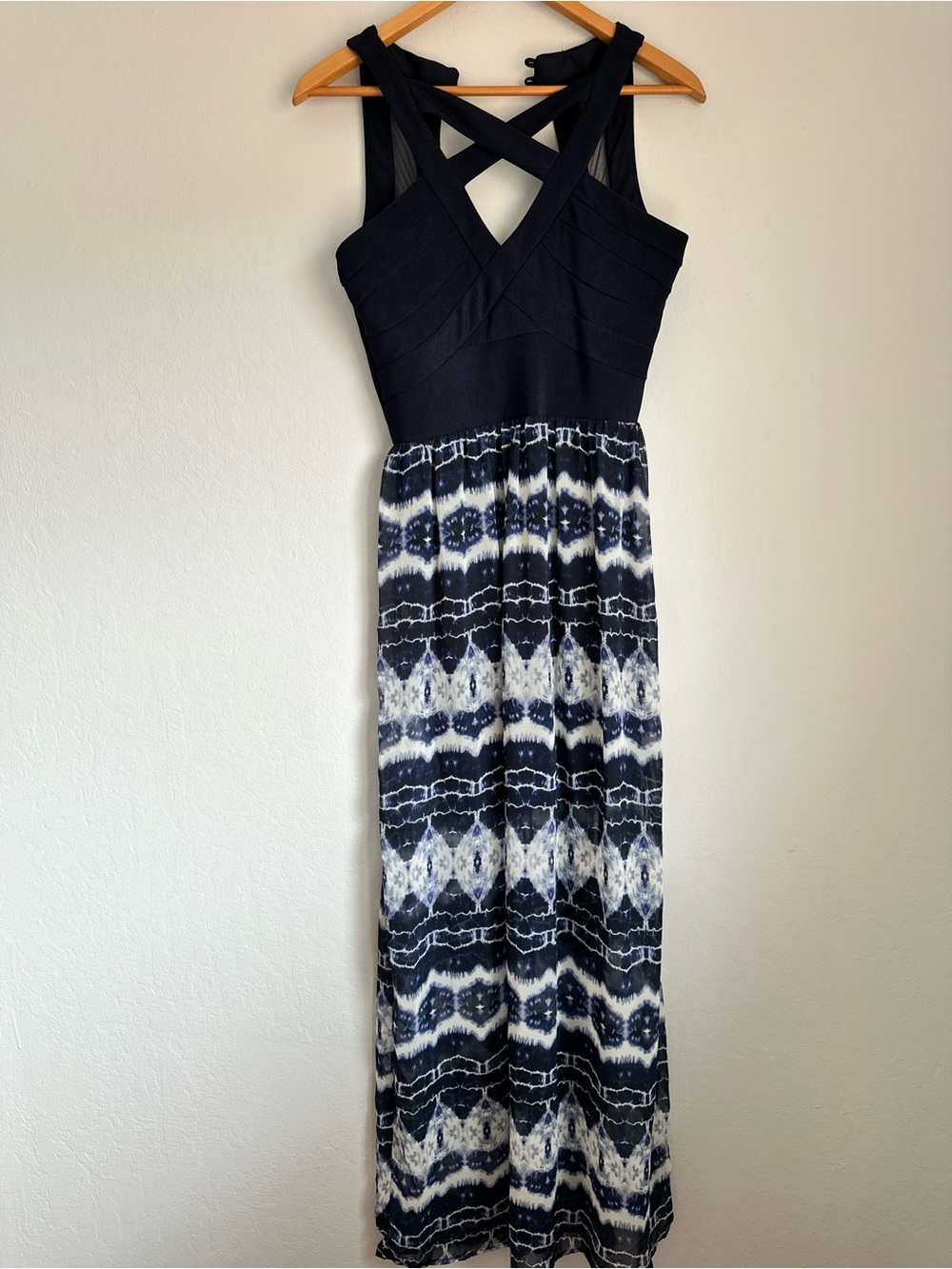 Crystal Doll Navy and White Crossback Maxi Dress
